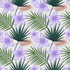 Fototapeta premium Tropical flowers and leaves seamless pattern flat design