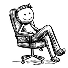 Optimistic Stick Person Character Relaxing Comfortably in a Swivel Office Chair with a Smile