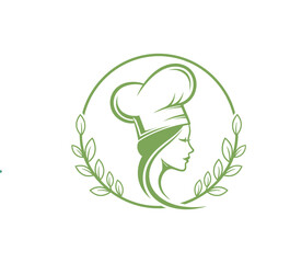 Refined chef logo with a womans profile in a laurel wreath, isolated on white background