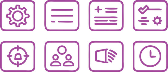 Collection of eight purple outline icons on a black background