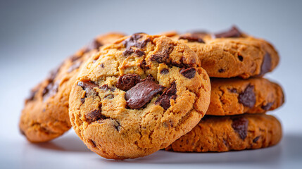 A close up view of a stack of chocolate chip cookies on a white surface with soft lighting