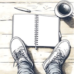 Overhead view of persons feet in sneakers, open blank notebook, coffee, and pen on a wooden surface