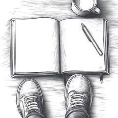 Overhead view of persons feet on floor next to an open notebook and a pen