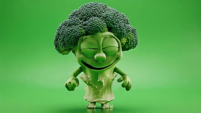 A cheerful animated broccoli character waves hello on a green background