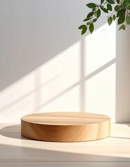 Wood stand, sunlight, plain background, plant accent