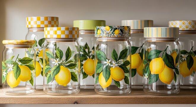 Decorative glass jars with lemon patterns on wooden shelf