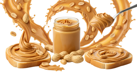 Delicious peanut butter jar, spread on toast, with peanuts and dynamic creamy swirls, isolated on transparent background