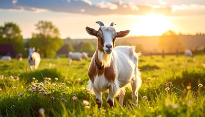 Goat grazes in sunny field. Horned animal stares forward in lush grass; golden light bathes the scene