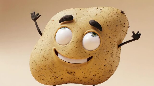 A cheerful cartoon potato waves its hands on a light background