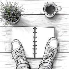 Overhead view of students feet resting on a blank notebook with coffee and plant on a wooden desk