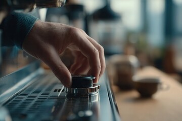 Close-up of Colombian barista tamping espresso with safe concealed grip.