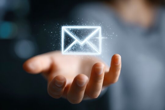 A hand with a glowing email icon floating above it