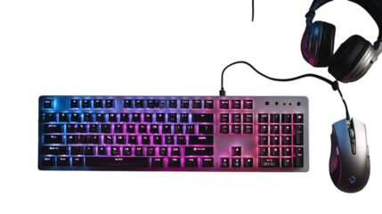 Illuminated gaming keyboard mouse and headset setup for pc gaming and esports tournament play