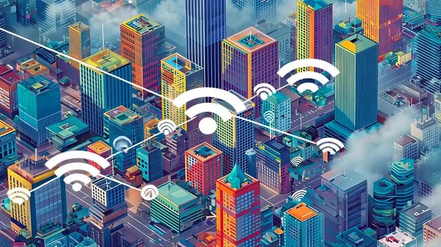 A vibrant cityscape showcasing wireless technology with Wi-Fi signals radiating over skyscrapers