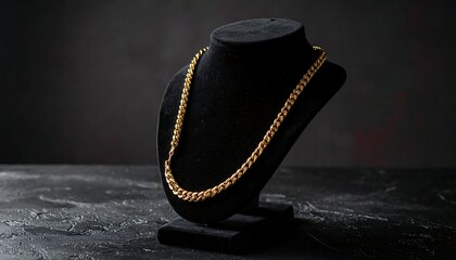 Gold chain necklace on a black velvet stand, against a dark textured background, lit from above