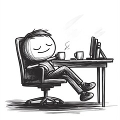 Peaceful Character Resting at Desk with Eyes Closed While Enjoying Hot Beverages