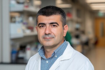 Fototapeta premium Close-up of Turkish researcher with calm look in bright academic lab hallway.
