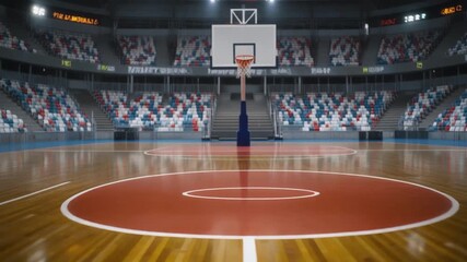 Empty professional indoor basketball court ready for game night, featuring a polished wooden floor, bright overhead lighting, and tiered bleacher seating in a modern sports arena - Powered by Adobe