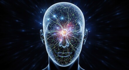 futuristic illustration of luminous human head revealing complex neural pathways and technology interfaces