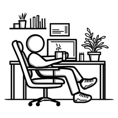 Person Comfortably Seated at Office Desk with Computer and Coffee Mug