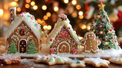 Naklejka premium Festive Gingerbread Houses with Christmas Tree and Cookies