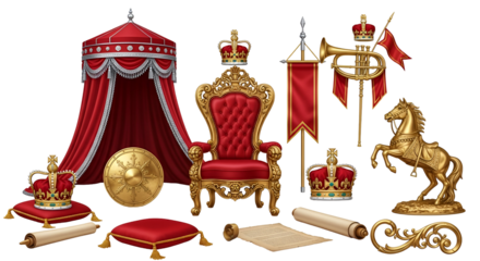 Luxurious royal regalia set with golden crowns, red velvet throne, and ceremonial objects, isolated on transparent background