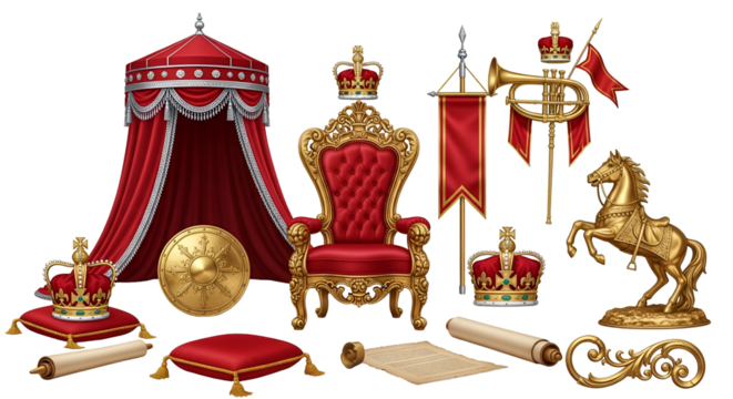 Luxurious royal regalia set with golden crowns, red velvet throne, and ceremonial objects, isolated on transparent background - Powered by Adobe