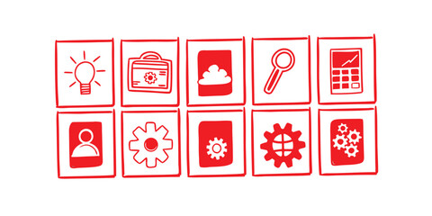 Red hand drawn icons representing business concepts
