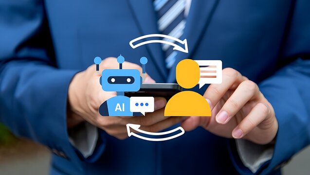 AI chatbot interacting with customer through mobile phone communication concept