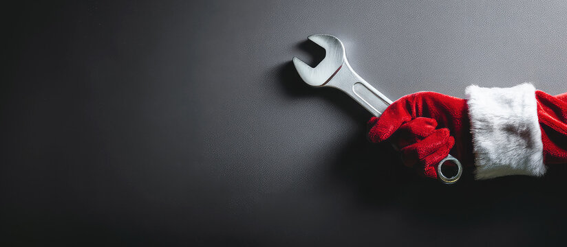 Banner Santa's gloved hand holding a wrench against a dark background with space for text. Repair, workshop, auto mechanic. New Year's in transportation sector - Powered by Adobe