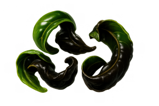 Curled green and dark leaves representing decay, death, and life cycle, with transparent background