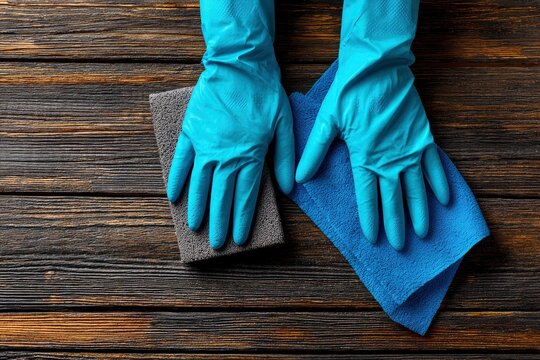 Bluegloved hands lie atop cleaning tools on a brown wood surface