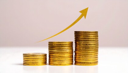 Gold coins stacked in ascending order, a yellow arrow points upward suggesting growth, on a white surface