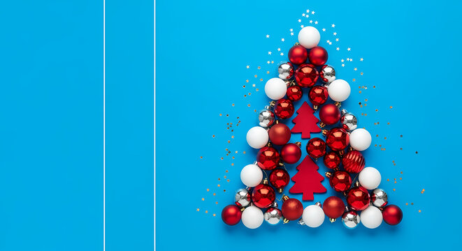 Minimalist Christmas Tree Arrangement Using Red, White, And Silver Ornaments Against A Bright Blue Background With Confetti And Text Space