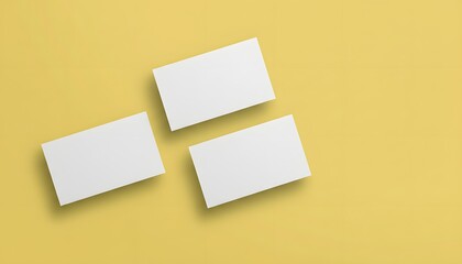 Top view of three blank white business cards on a yellow background for mockup