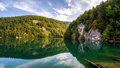 A serene lake mirrors the dense green forests and rocky cliffs of surrounding mountains under a partly cloudy sky.