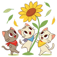 Obraz premium Cute Cartoon Kittens Playing Around a Tall Sunflower