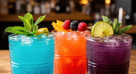 Colorful Cocktail Glasses with Fresh Fruit and Mint Garnishes in Bright Indoor Setting