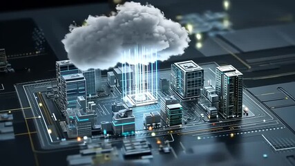Futuristic cityscape with digital cloud computing above, illuminating buildings with technology - Powered by Adobe