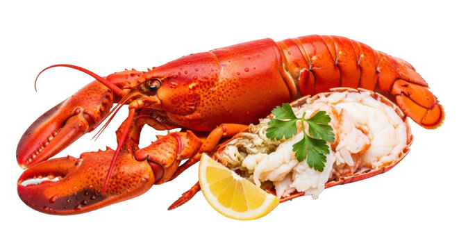 Vibrant red cooked lobster with tender shelled meat, fresh lemon, and parsley garnish on a plain white background, ideal for food photography and culinary designs