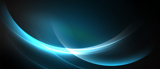 Abstract design features smooth curves, vibrant blue light against dark background. Elegant, modern aesthetic. Minimalist composition.