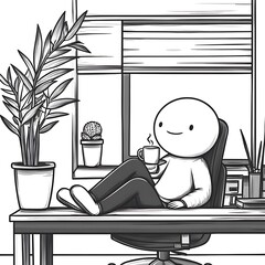 Relaxed character enjoys a hot drink with feet up on the desk in a home office setting
