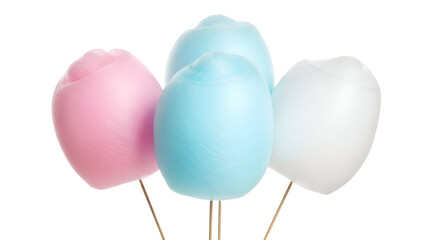 Colorful cotton candy on sticks, including pink, blue, and white varieties, isolated on transparent background