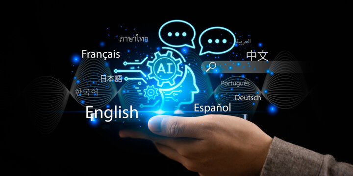 A hand holding a digital interface with AI icons and various global languages illustrates artificial intelligence translation, real-time communication, and multilingual smart assistant technology. - Powered by Adobe