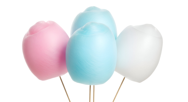 Colorful cotton candy on sticks, including pink, blue, and white varieties, isolated on transparent background