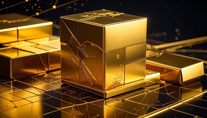 Gold cube artifact reflecting a grid pattern with glowing orbs against a dark backdrop, showcasing abstract wealth