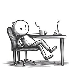 Relaxed character leaning back in an office chair at a desk with a warm drink and laptop