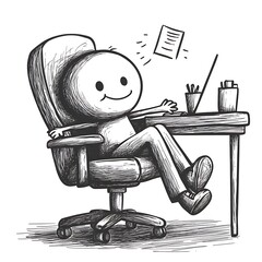 Relaxed Character Happily Working at Desk with Laptop and Flying Document