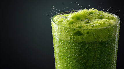 A refreshing green drink in a glass with bubbles and condensation against a dark backdrop