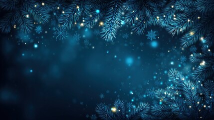 Festive cartoon fantasy illustration, dark pine branches and twinkling stars on a blue background, warm tones, with dark shades creating a magical holiday atmosphere.